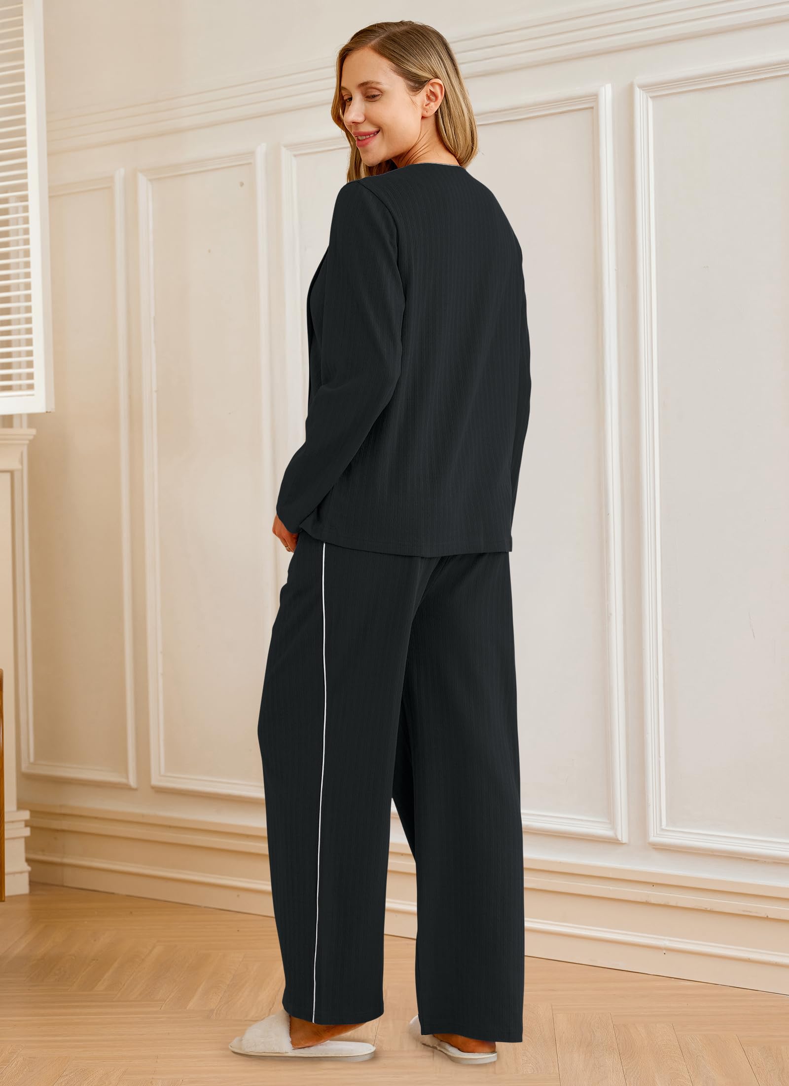 OUGES Maternity Nursing Pajamas Lounge Sets Postpartum Outfits for Women 100% Cotton Black Button Down V Neck Breastfeeding Sleepwear Set Maternity Clothes Top & Long Pants with Pockets(Black,XL)