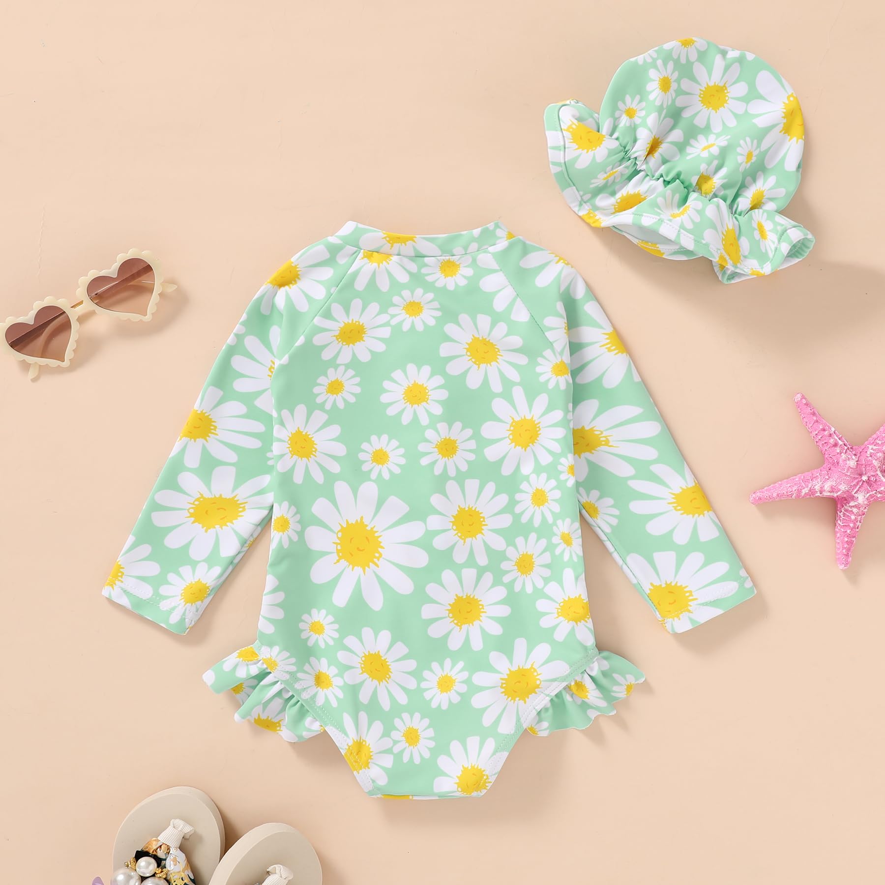 Infant Baby Girl Swimsuit One-Piece Long Sleeve Rash Guard with Hat Set Floral Zipper Bathing Suit Leopard Beach Wear(Green#Daisy, 12-18 Months)