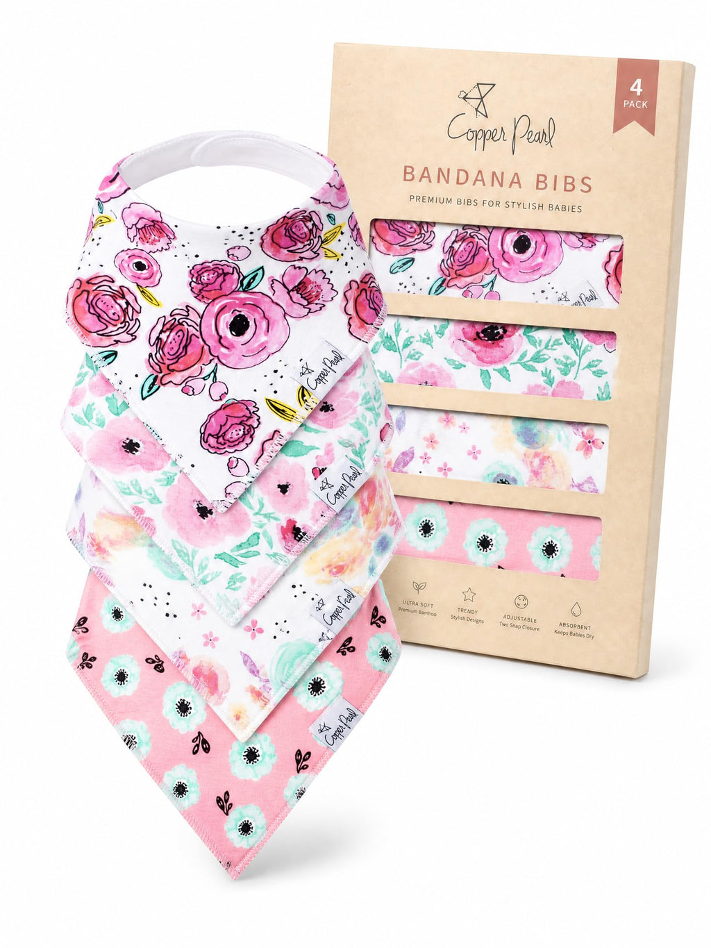 Copper Pearl Baby Bibs for Baby Boy or Girl – Bandana Drool Bibs for Teething, Absorbent Bibs for Eating, Newborn to Toddler, 4 Pack, Bloom