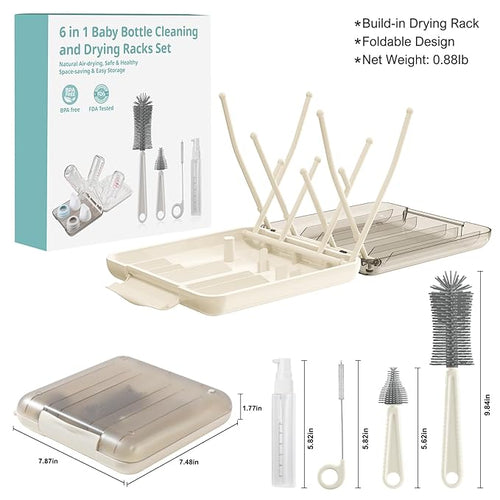 6 in 1 Baby Bottle Brush Set,Bottle Cleaner Brush Kit with Silicone Bottle Brush,Drying Rack,Nipple Brush,Straw Brush,Soap Dispenser&Storage Box,Portable Baby Essentials for Home&Travel