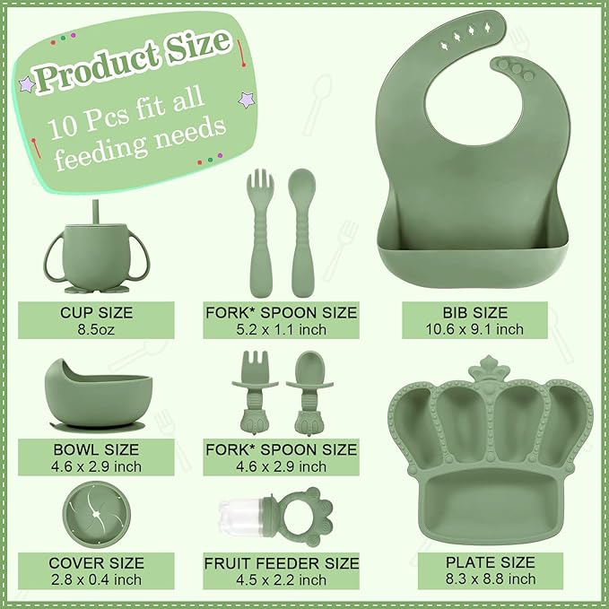 BXLL Olive Green 10 Pcs Baby Led Weaning Supplies - Silicone Baby Feeding Set with Suction Bowl, Divided Plate, Bibs, Fruit Feeder, Pacifier, Spoons, Forks, Sippy Cup & Snack Cup