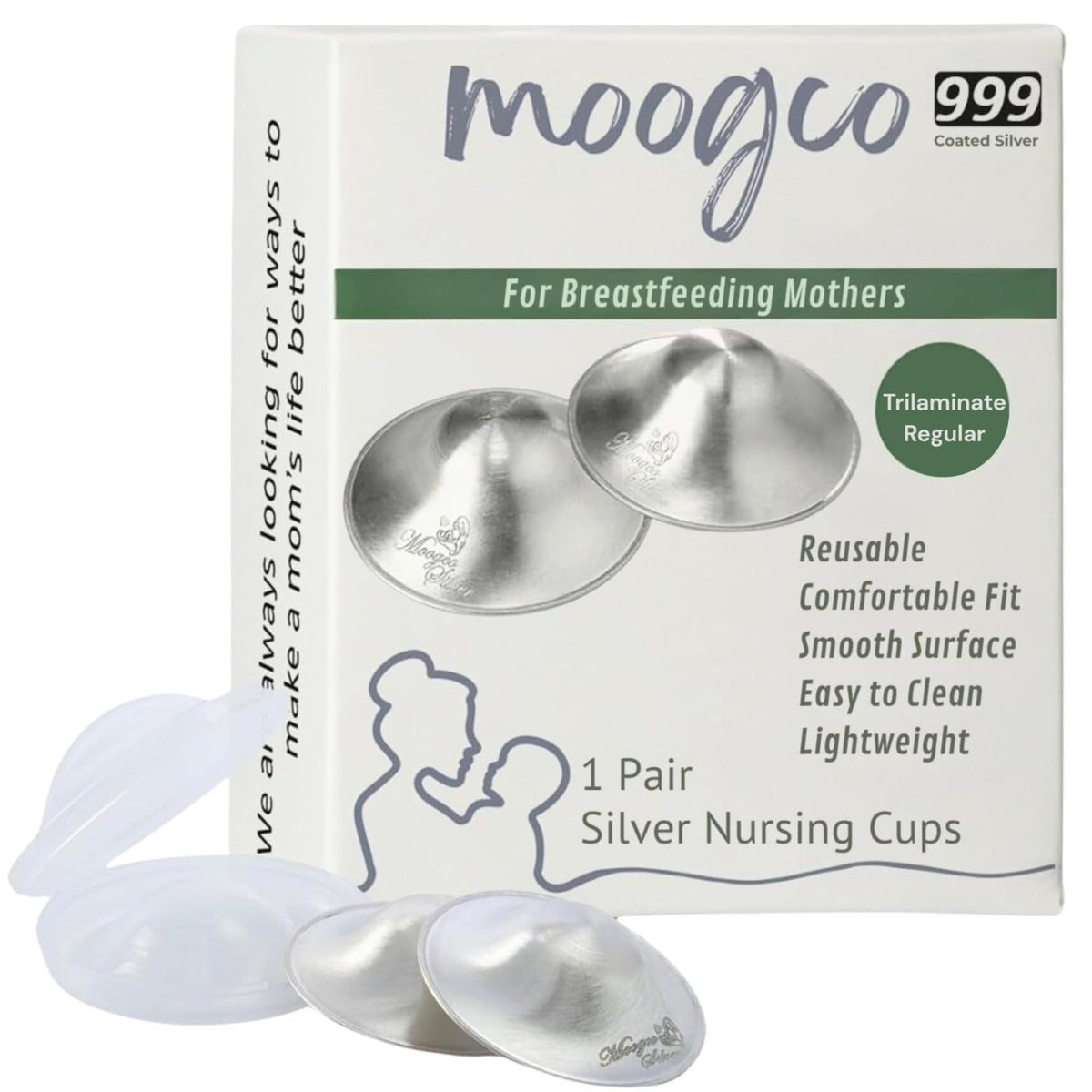 MOOGCO The Original Silver Nursing Cups - Nipple Shields for Breastfeeding Newborn - Breastfeeding Essentials - 999k Tri-Laminate Silver Nipple Covers (Regular Size, Set of 2)