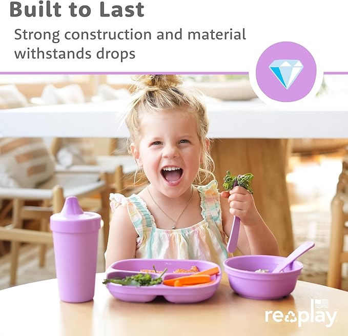 Re-Play Toddler Plates with Dividers - Deep-Walled 3 Compartments Divided Plates for Kids with 3 Lids - Dishwasher & Microwave Safe - Made in USA - Set of 3-7.37" x 7.37" x 1.25" - A True Blue