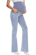 GLAMIX Women's Stretch Maternity Bootcut Jeans with Pockets Over The Belly Bell Bottoms Flare Denim Pants Pregnancy Clothes(Light Blue (Frayed Hem), M)