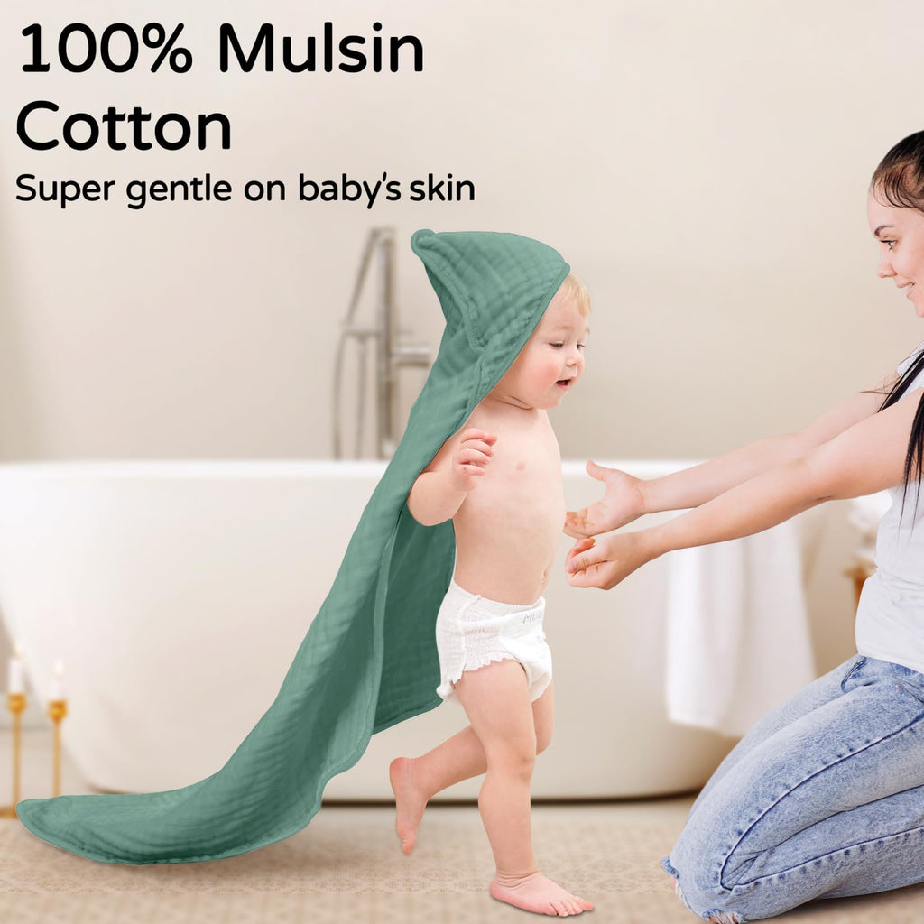 Yoofoss Hooded Baby Towels for Newborn 2 Pack 100% Muslin Organic Cotton Baby Bath Towel with Hood for Babies, Infant, Toddler and Kids, 32x32Inch, Soft and Absorbent Newborn Essential, Gradient Green