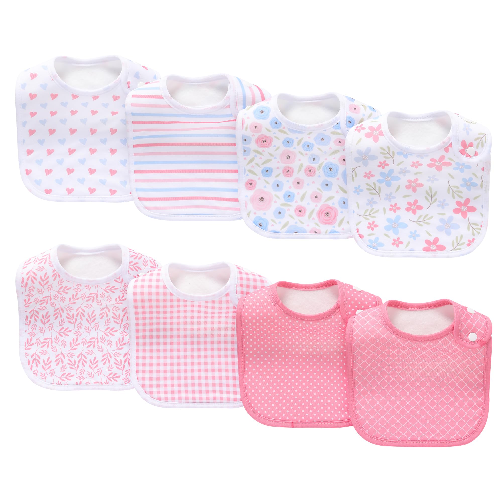 lazyrhino 8 Pack Baby Bibs Unisex Adjustable with Snaps Ultra Soft Absorbent Drooling Teething for Boys and Girls (pink-lht-8pcs)