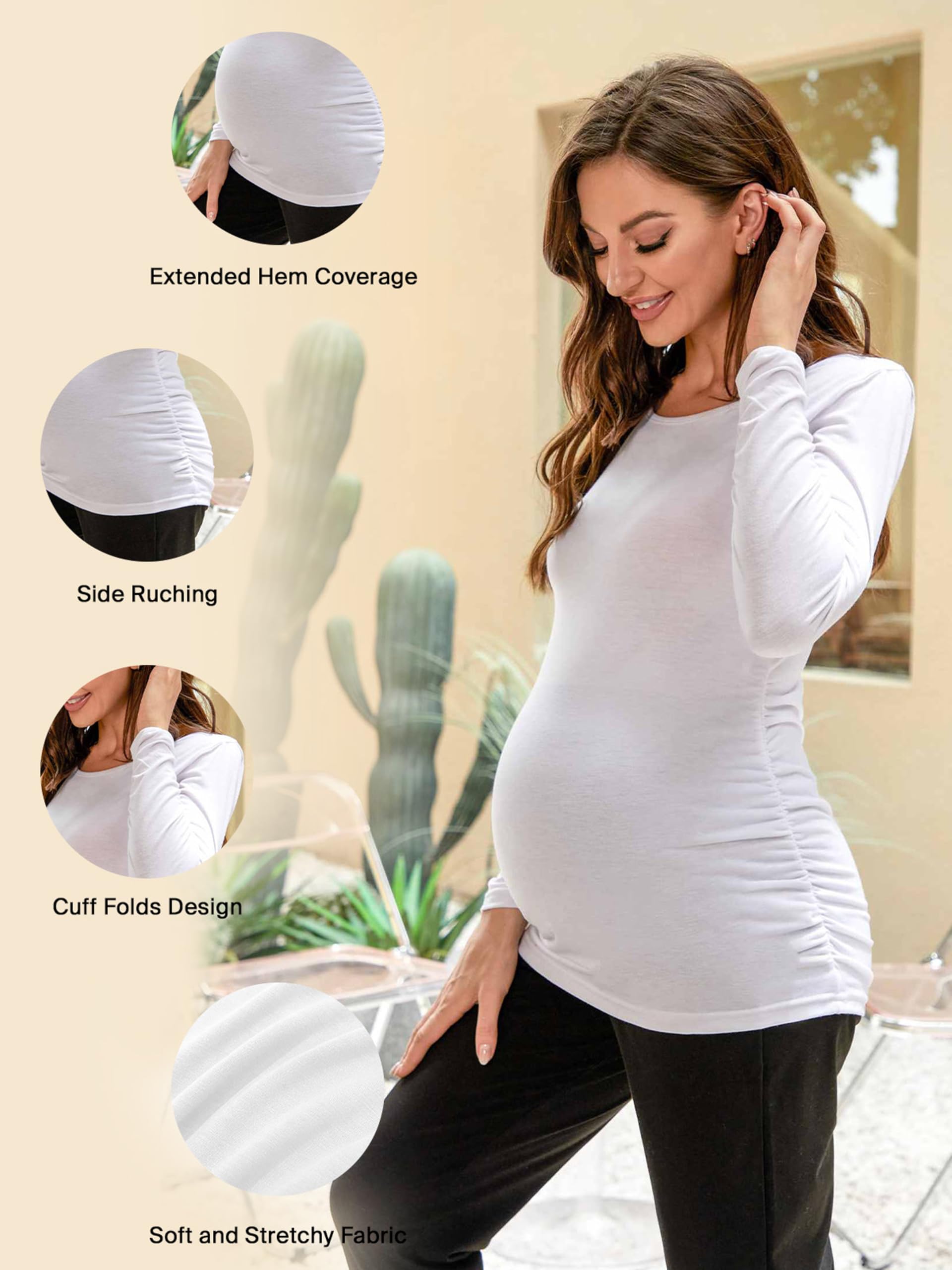 Ecavus Women's 3-Pack Maternity Shirts Long Sleeve Soft Stretchy Pregnancy Tops Side Ruched Casual Mama Clothes
