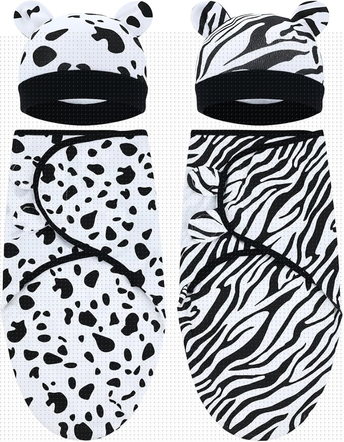 Cinaci 2 Pieces Adjustable Soft Cotton Baby Swaddle Sleep Sacks Hats Newborn Nursery Caps Beanies Bonnets Swaddle Blanket Wraps for Baby Girls Boys Infants Newborns (2PCS S14)