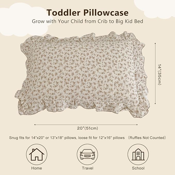 BuLuTu Cotton Muslin Kids Toddler Pillowcase with Cute Camellia Flowers Super Soft Travel Pillow Nursery Pillowcase for Boys,Girls,Bedding Decor Machine Washable, Durable Pillowcase,1 Piece,14"x20"