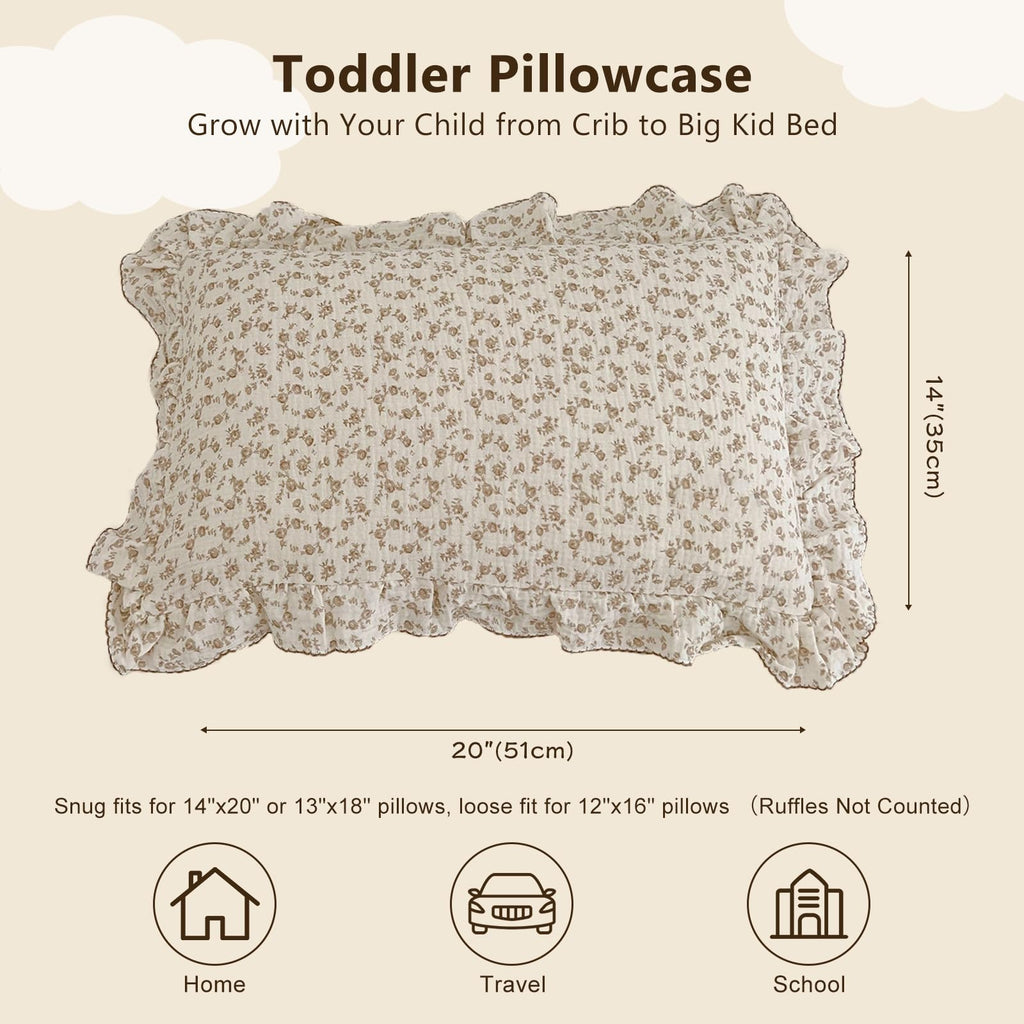 BuLuTu Cotton Muslin Kids Toddler Pillowcase with Cute Camellia Flowers Super Soft Travel Pillow Nursery Pillowcase for Boys,Girls,Bedding Decor Machine Washable, Durable Pillowcase,1 Piece,14"x20"