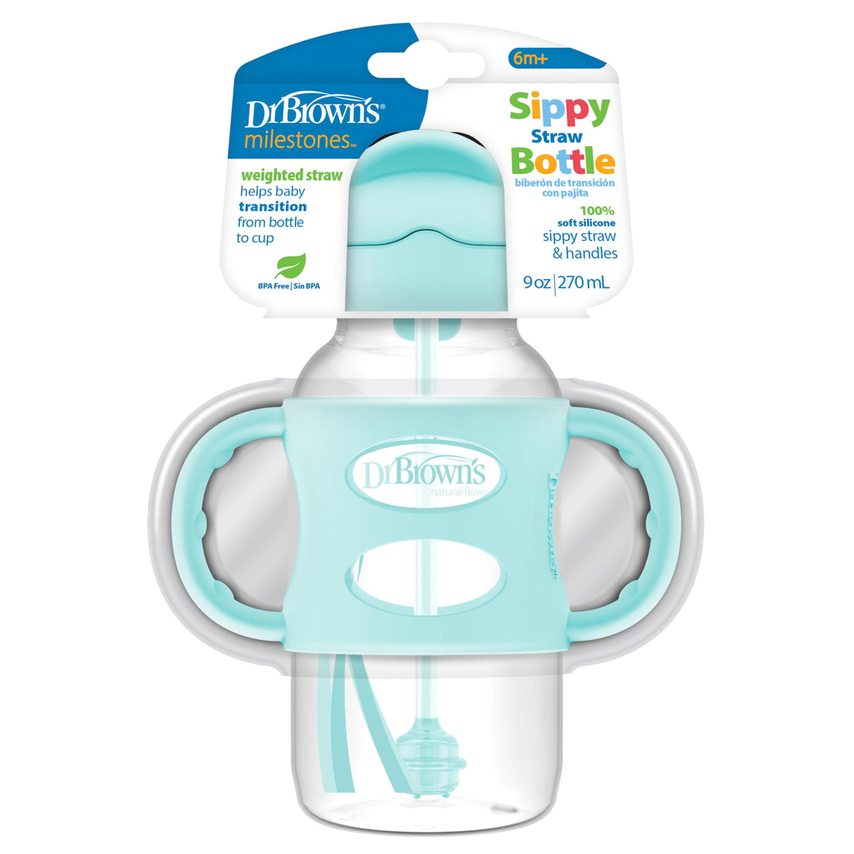 Dr. Brown's Wide-Neck Sippy Straw Bottle with Handles, Gray & Blue, 2-Pack