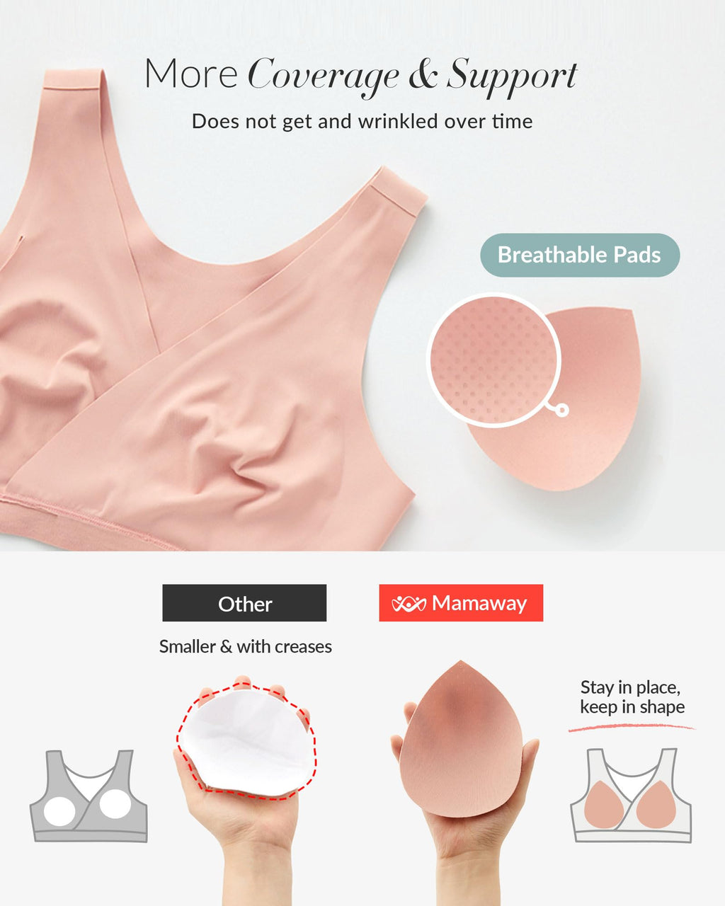 Mamaway Silky Crossover Nursing Maternity Wireless Bra, Smooth, Soft, Cooling, No Buckle, No Show for Sleeping Breastfeeding Pink