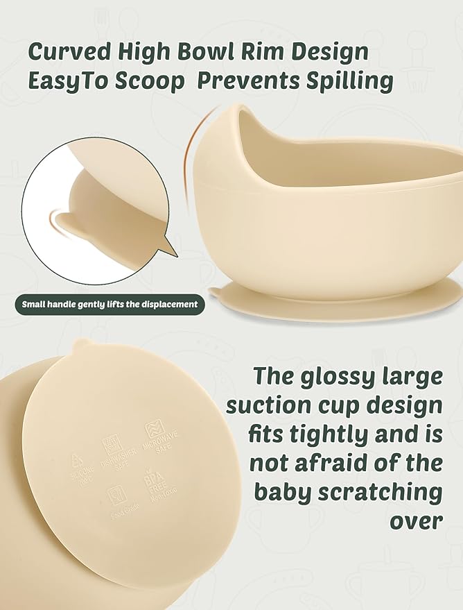 Silicone Baby Feeding Set, 18PCS Baby Led Weaning Supplies, Eating Essentials Utensils with Suction Plate and Bowl, Adjustable Silicone Bib, for 6+ Months (Green+Brown)