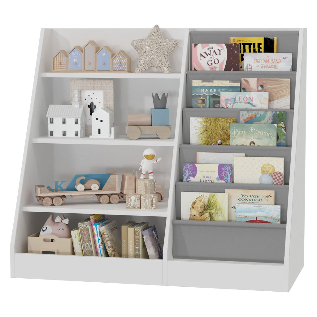 HedoAjim 4 Tier Kids Wooden Bookshelf, 5 Layer Sling Toddler Bookcase,Baby Storage Book Rack,Book and Toy Organizer Cabinet,Children Book Display,Playroom Nursery Classroom Kid Room