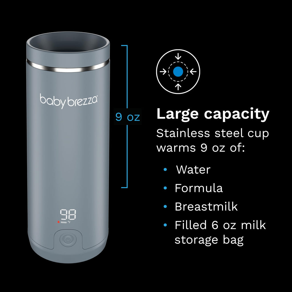 Baby Brezza Portable Warmer – 3X Faster Baby Bottle Warming - Travel Breastmilk and Formula Warmer - Safe, Even Heating - Up to 9oz - No Adapters, Grey