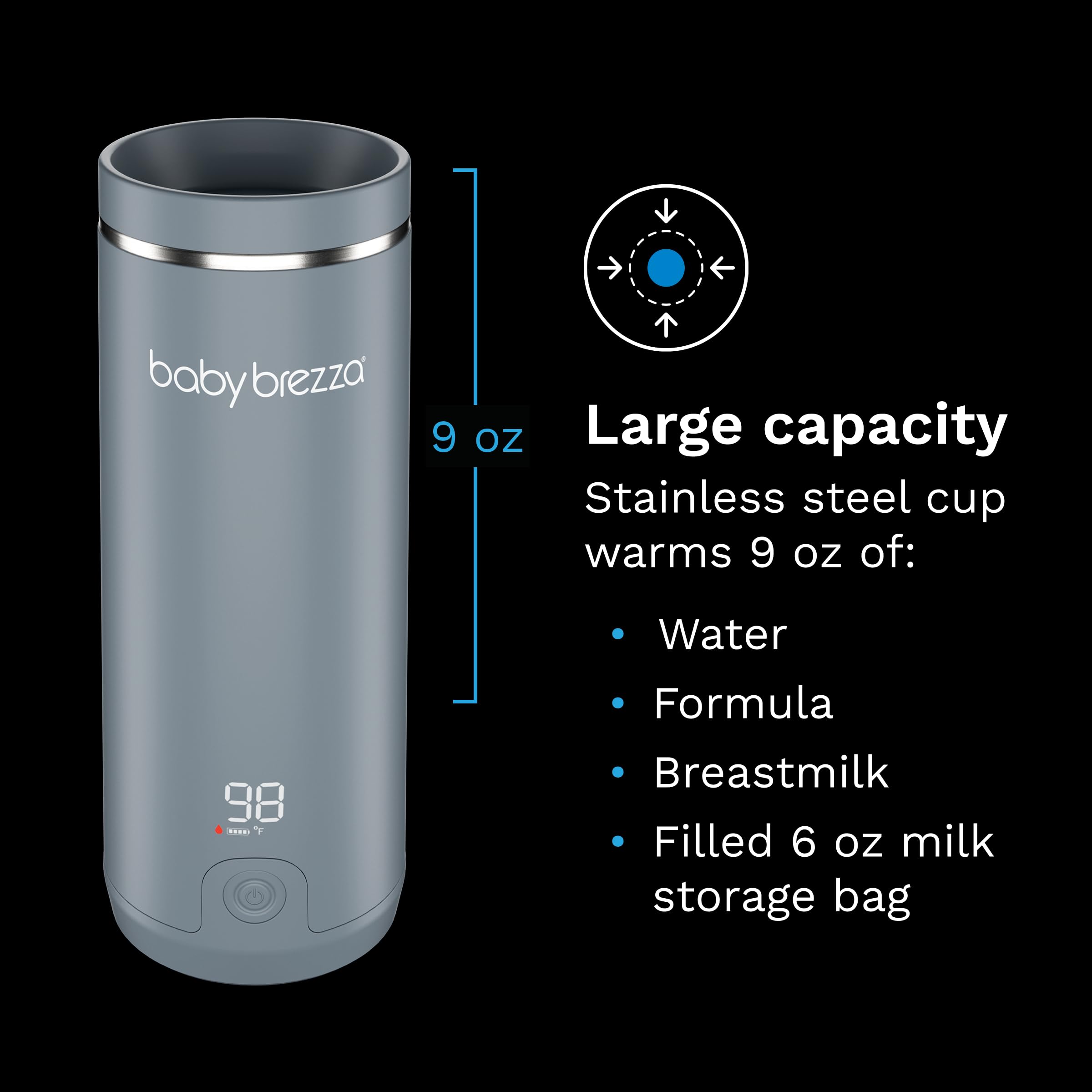 Baby Brezza Portable Warmer – 3X Faster Baby Bottle Warming - Travel Breastmilk and Formula Warmer - Safe, Even Heating - Up to 9oz - No Adapters, Grey