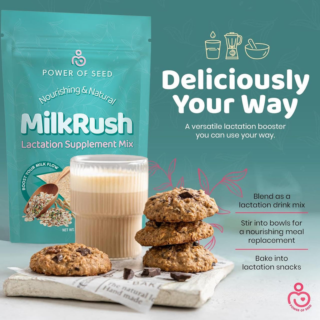 Milkrush Lactation Support for Breastfeeding-Oats Seeds & Almond Lactation Drink Mix - Enrich Milk for Breastfeeding with Superfood Omega 3, Iron & Calcium - Kosher Certified - 12oz Bag