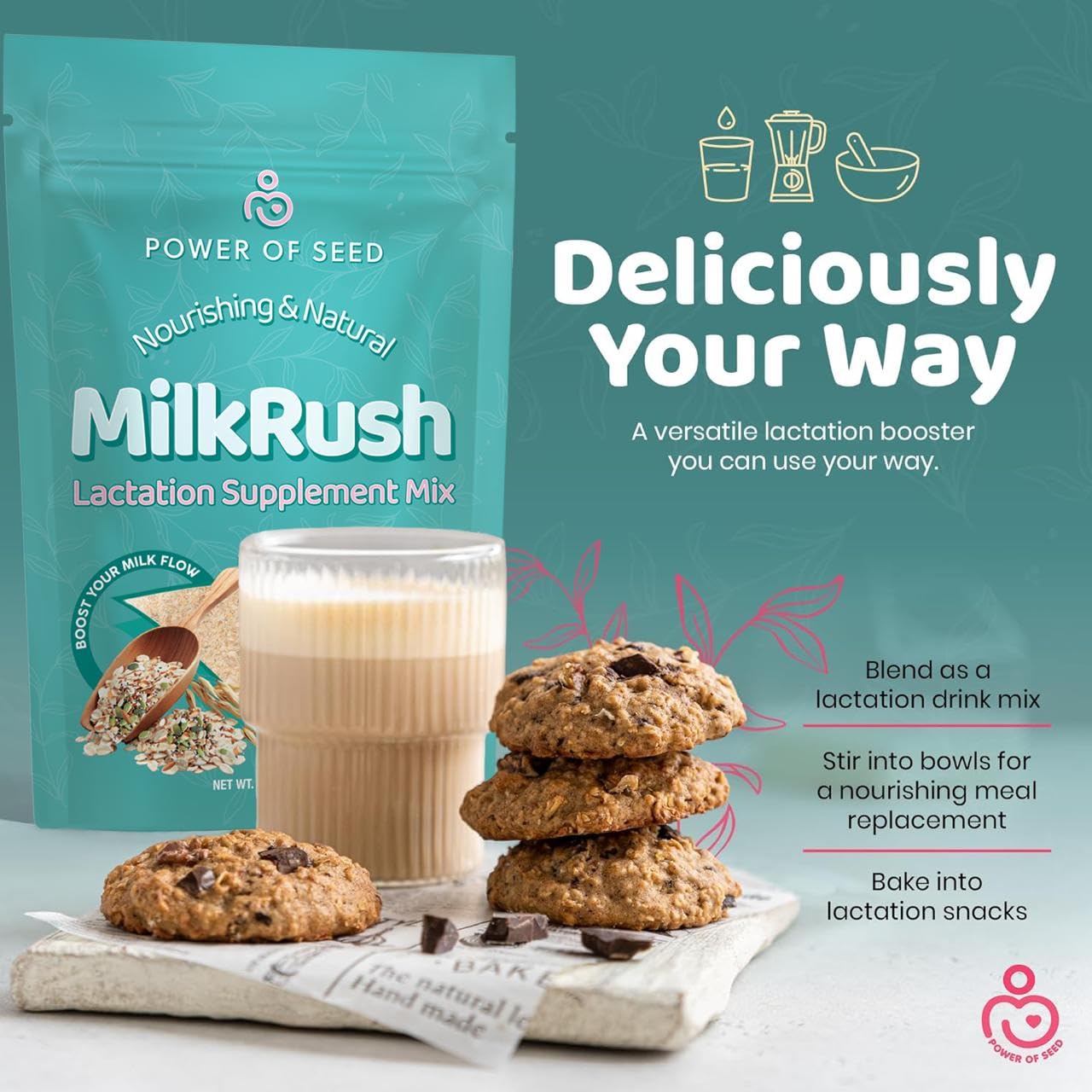 Milkrush Lactation Support for Breastfeeding-Oats Seeds & Almond Lactation Drink Mix - Enrich Milk for Breastfeeding with Superfood Omega 3, Iron & Calcium - Kosher Certified - 12oz Bag