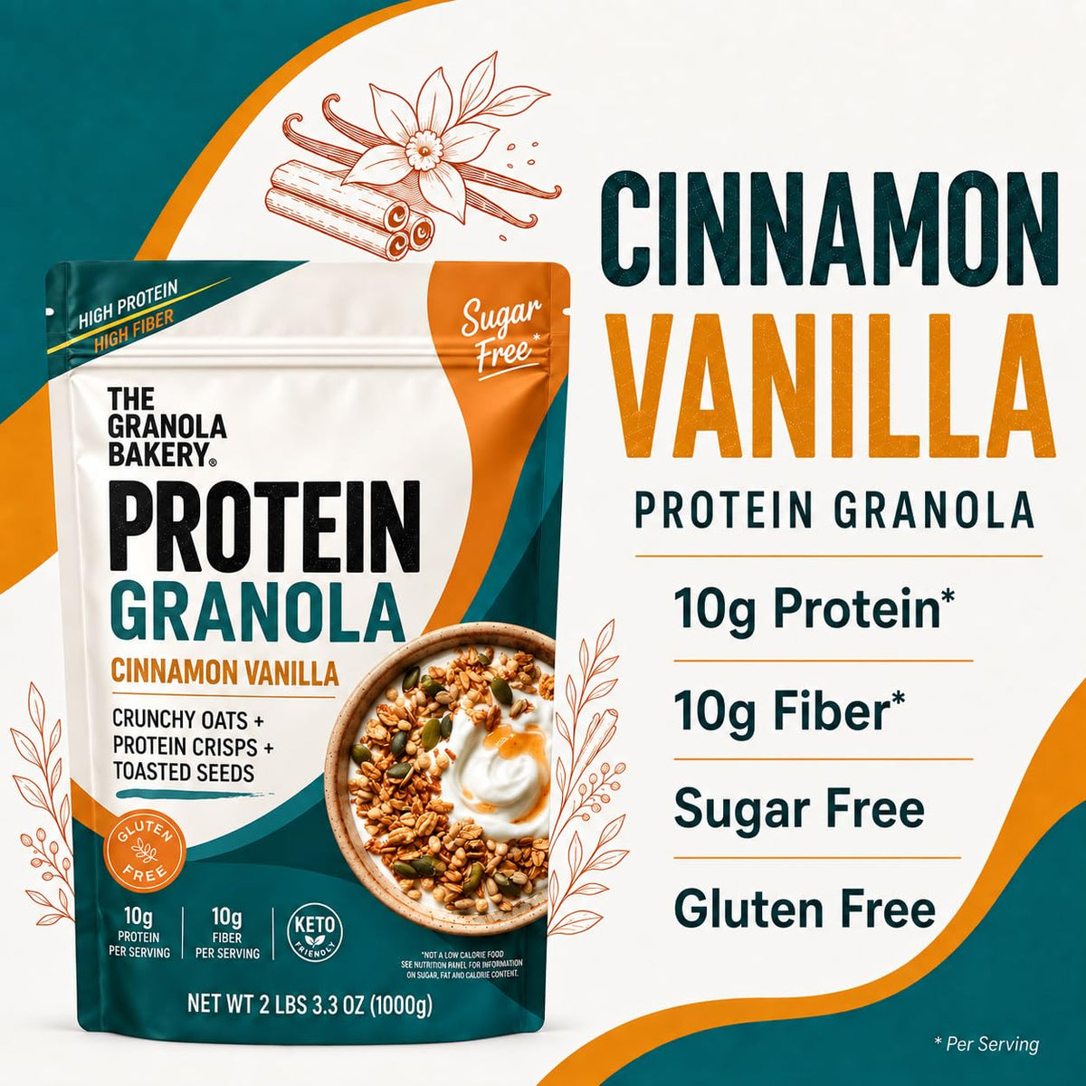 TGB Cinnamon Granola Cereal, 10g Protein, 10g Fiber, Sugar Free, 2.2lb Bag