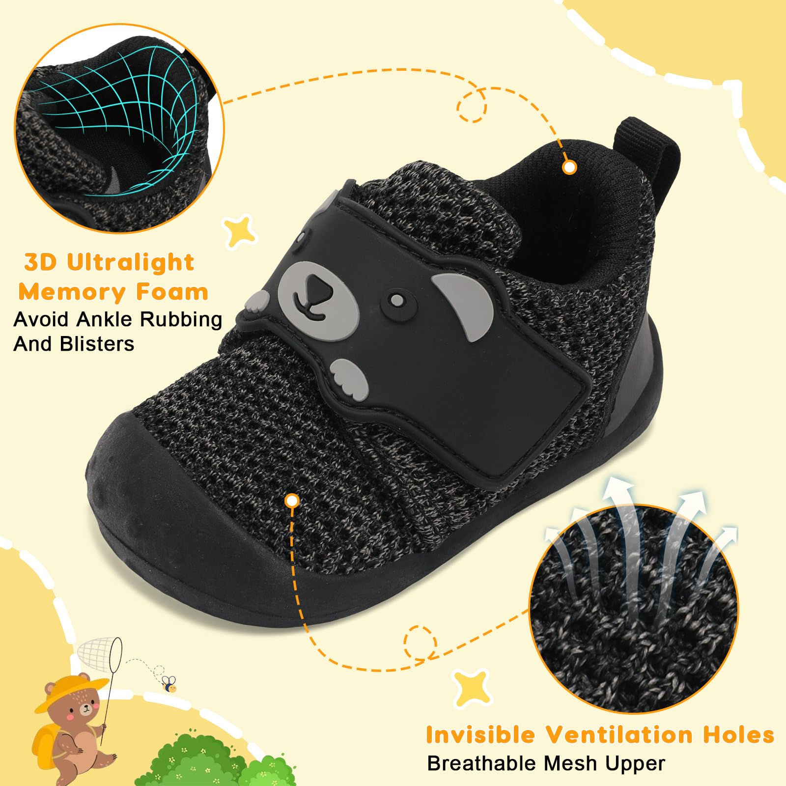 FEETCITY Wide Baby Sneakers Infant Walking Shoes Boys Girls Baby Slip On Shoes Breathable Non-Slip Infant Barefoot Shoe 0-6 Months Black Grey
