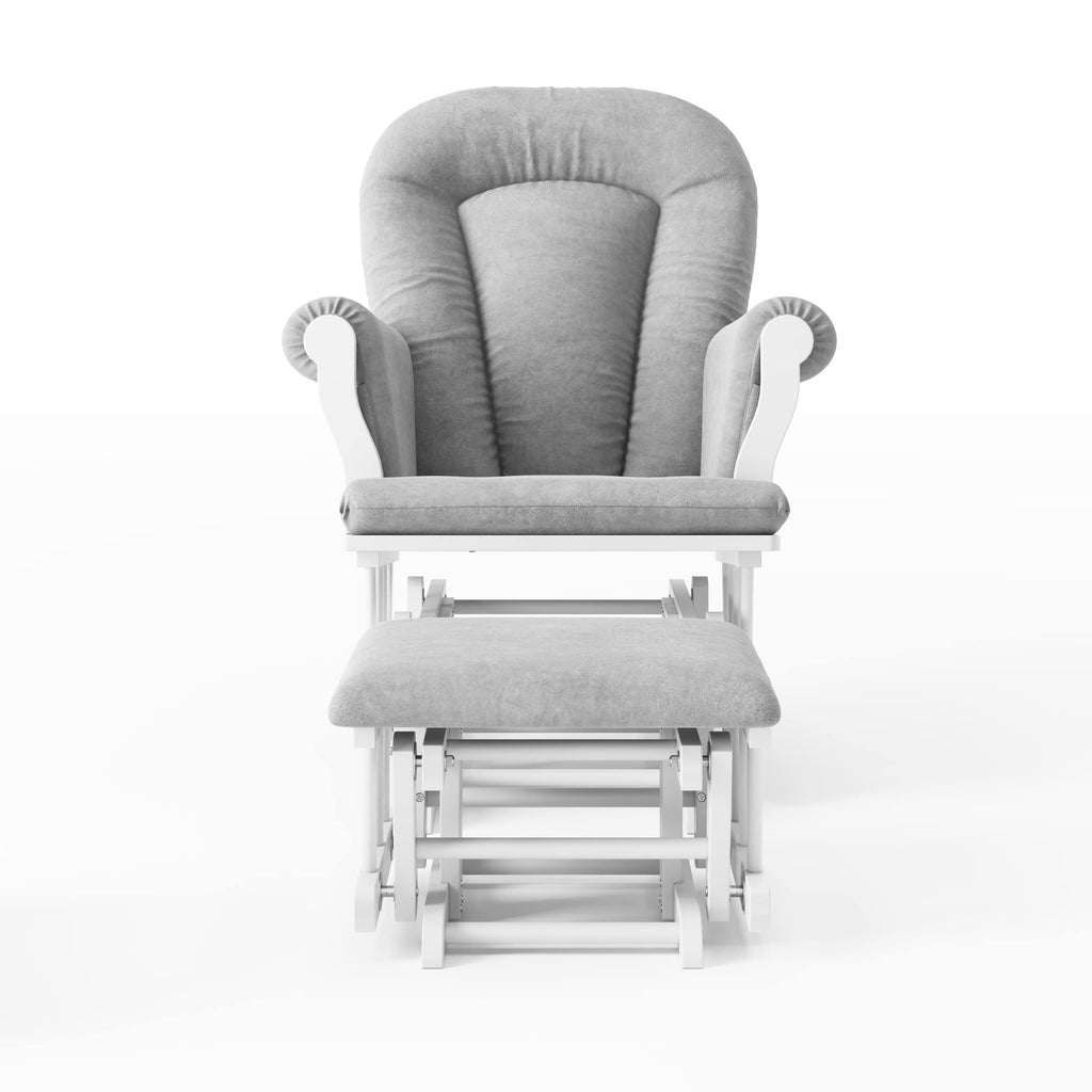 Child Craft Cozy Glider Rocker and Ottoman Set, Smooth Quiet Gliding Motion, Padded Cushion with Convenient Storage Pockets, Solid Wood Base & Frame (Matte White with Light Gray Cushion)