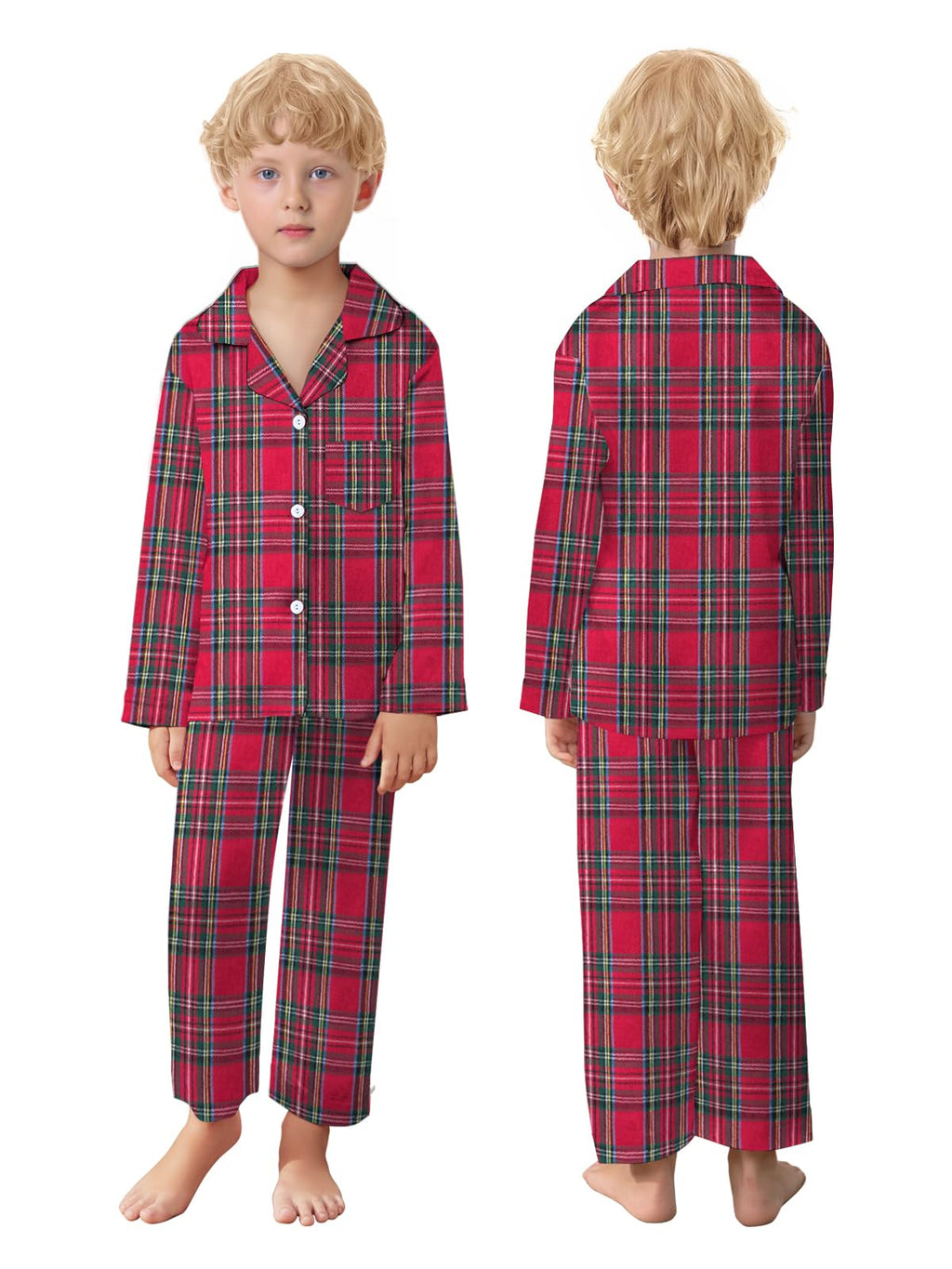 Family Pajamas Set, Kids Plaid Long Sleeve Lounge Set Button Down Pj Sets, Scottish Red, 13-14 Years = Tag 170