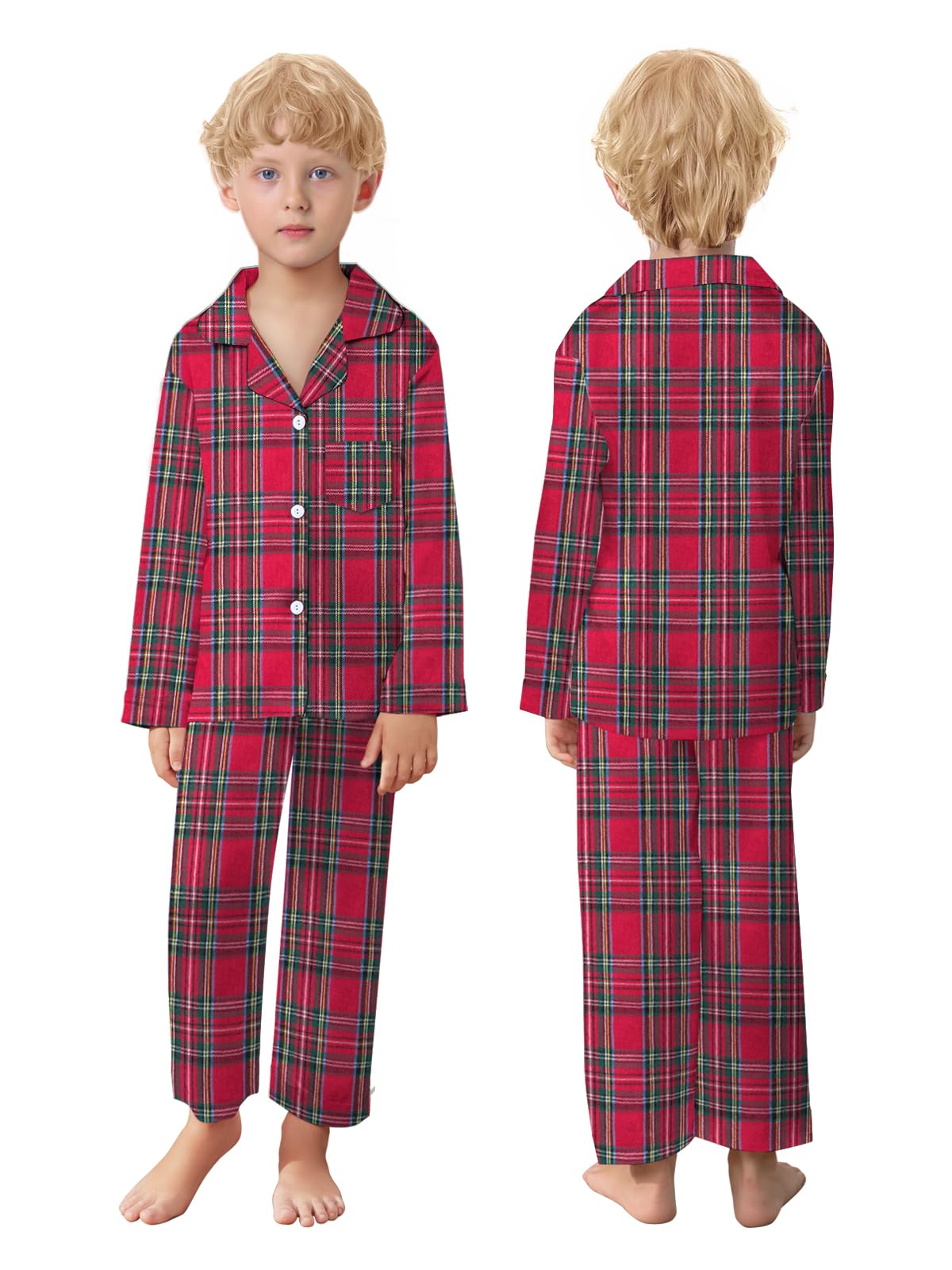 Family Pajamas Set, Kids Plaid Long Sleeve Lounge Set Button Down Pj Sets, Scottish Red, 13-14 Years = Tag 170
