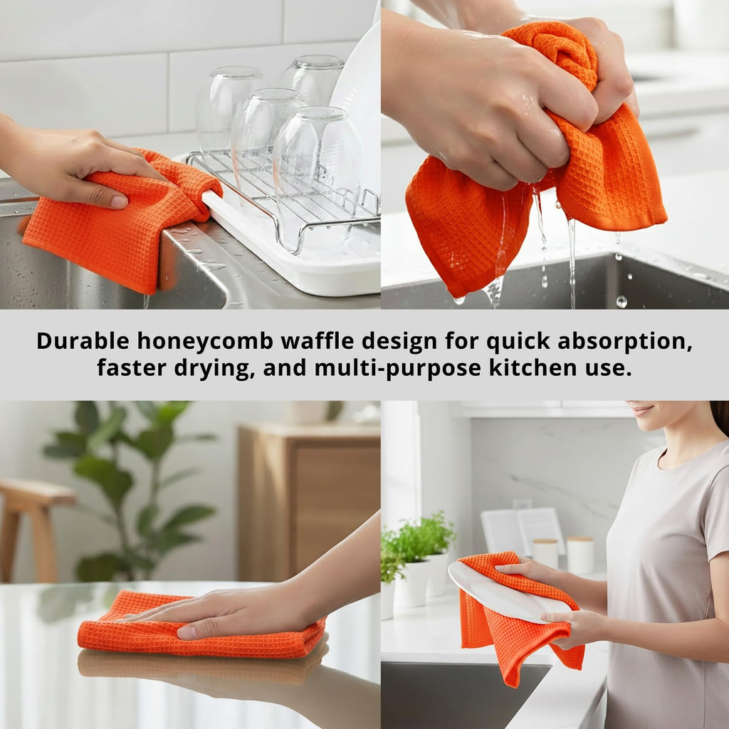 PurpleEssences Waffle Weave Kitchen Towel, 100% Cotton - 15x25 Inches with Hanging Loop, Ultra Soft Absorbent Quick Drying Dish Cloth, Tea and Hand Towels, 4 Pack - Spring Easter Summer - Orange