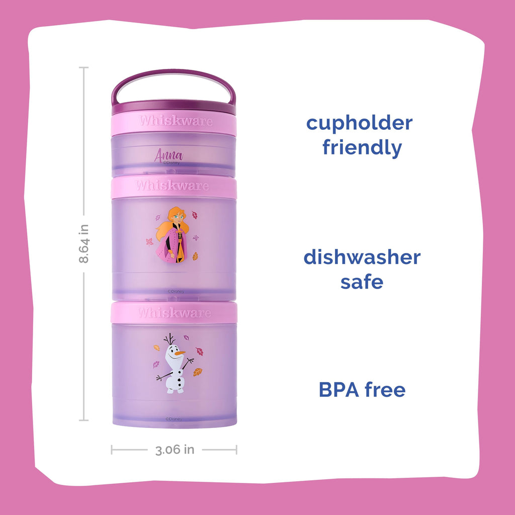Whiskware Disney Princess Frozen, Stackable Snack Containers for Kids, Durable Food Storage Containers for Daycare, Car, and Airplane Travel, Dishwasher Safe, Anna and Olaf