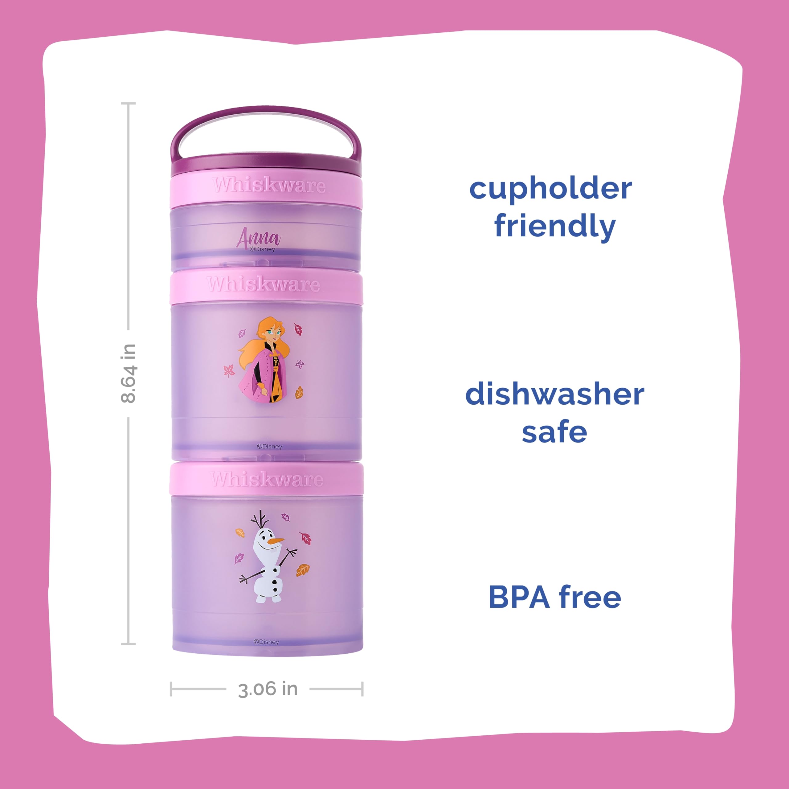 Whiskware Disney Princess Frozen, Stackable Snack Containers for Kids, Durable Food Storage Containers for Daycare, Car, and Airplane Travel, Dishwasher Safe, Anna and Olaf