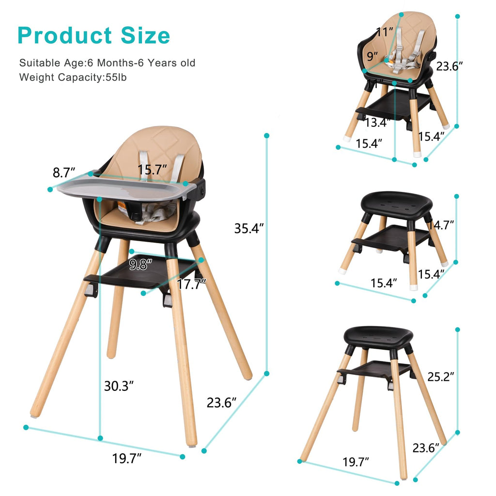 Komcot High Chair, 6 in 1 Wooden Convertible High Chairs for Babies and Toddlers, Booster Seat with Double Tray & Reversible Footrest Baby Highchair, 5-Point Harness Baby Feeding Chair, Black