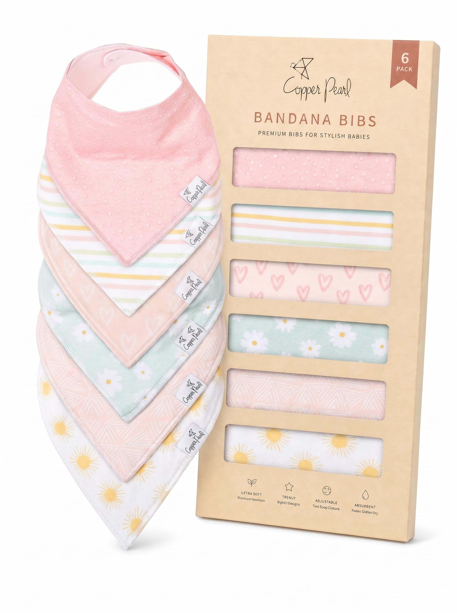 Copper Pearl Baby Bibs for Baby Boy or Girl – Bandana Drool Bibs for Teething, Absorbent Bibs for Eating, Newborn to Toddler, 6 Pack, Sunny