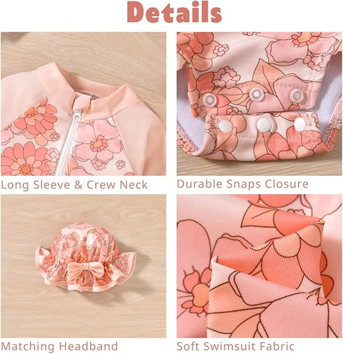 12-18 Months Toddler Baby Girls One Piece Long Sleeve Swimsuit Floral Bathing Suit Zip Up Swimwear Beach Wear Orange Flower