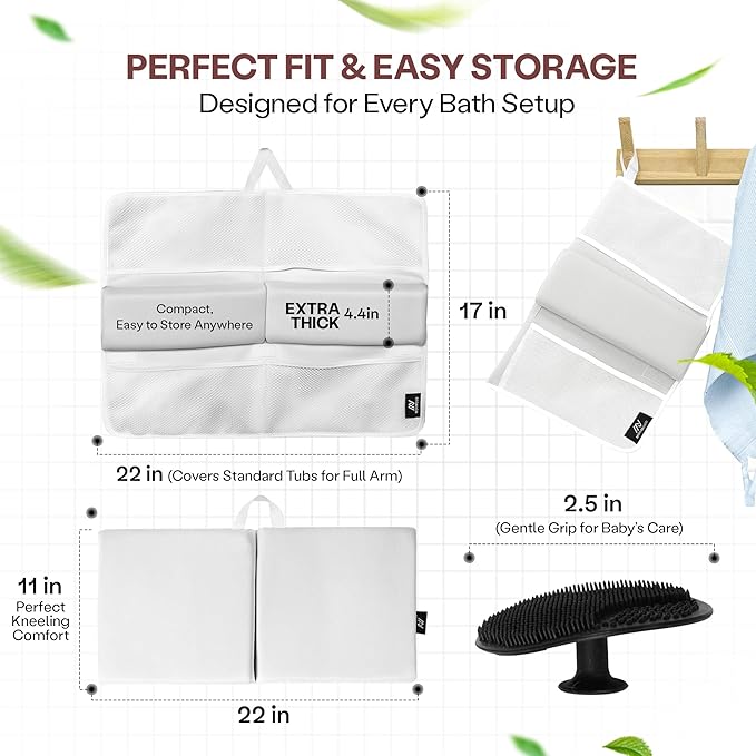 Baby Bath Kneeler & Elbow Rest Pad – Extra Thick Foam Pads for Comfort | Non-Slip, Machine Washable with Mesh Pockets & Suction Cups | Bonus Baby Brush & Washcloth – Thoughtful Gift for New Parents