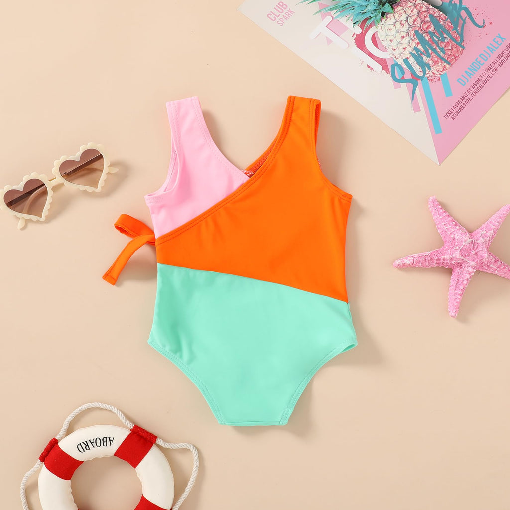 Happy Town Toddler Swimsuit Girl One Piece Bathing Suit Color Block Swimwear Baby Summer Beach Wear(5-6 Years,Pink Orange Green)