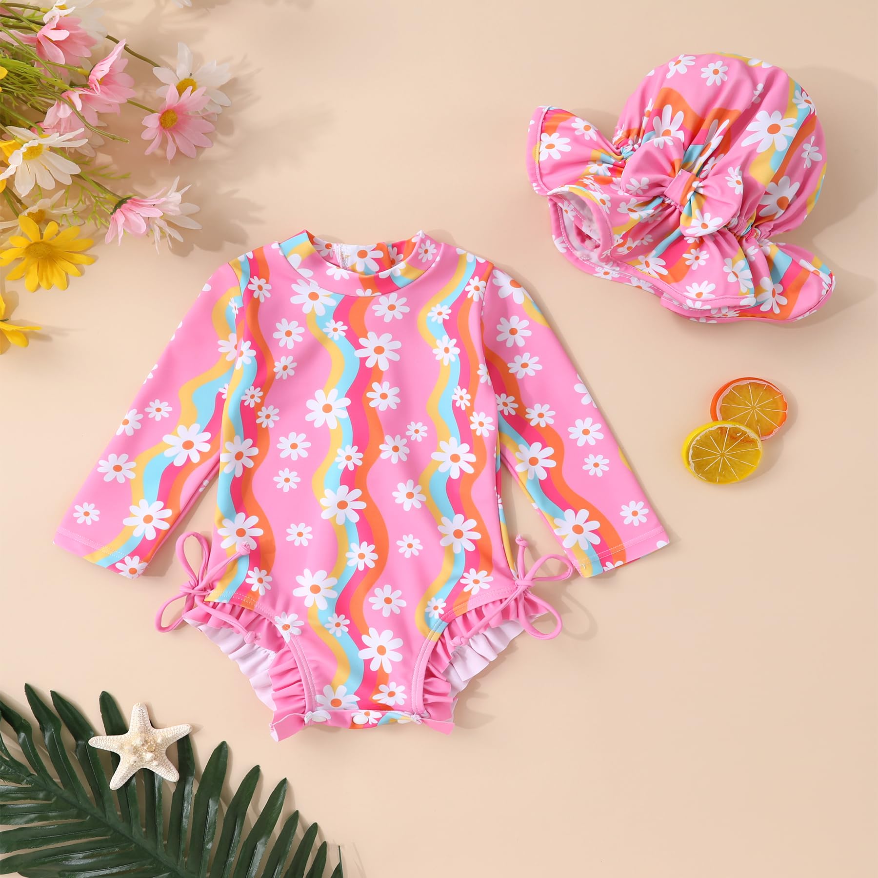Infant Baby Girl Swimsuit One-Piece Long Sleeve Rash Guard with Hat Set Floral Zipper Bathing Suit Leopard Beach Wear