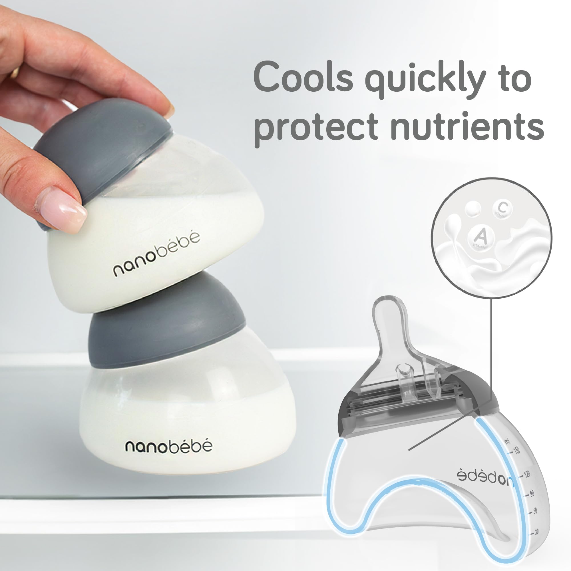 Nanobebe Breastmilk Bottle, Breastfeeding Newborn Breast Like, Anti Colic, Perfect Latch, Preserves Breast Milk nutrients, Twin-Pack Grey