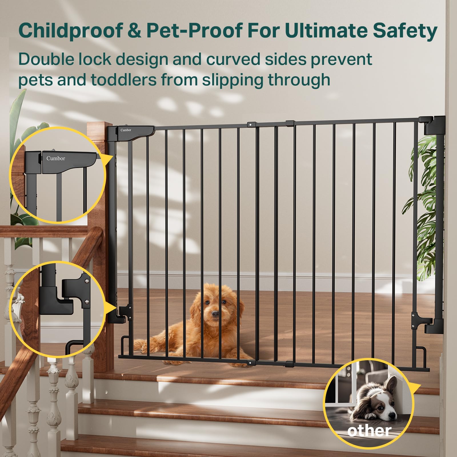 Cumbor 34" Extra Tall No Bottom Bar Baby Gate for Stairs, Hardware Mounted Dog Gate Indoor for Larger Pets, Expandable 31.6-48" Safety Gate for Doorways, Wide Walk Thru Door for Easy Access (Black)