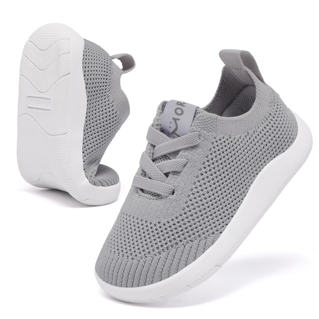 MORENDL Toddler Wide Toe Box Barefoot Shoes Baby First Walking Shoes Boys Girls Non-Slip Zero Drop Minimalist Sneakers Mid Grey 15-18 Months