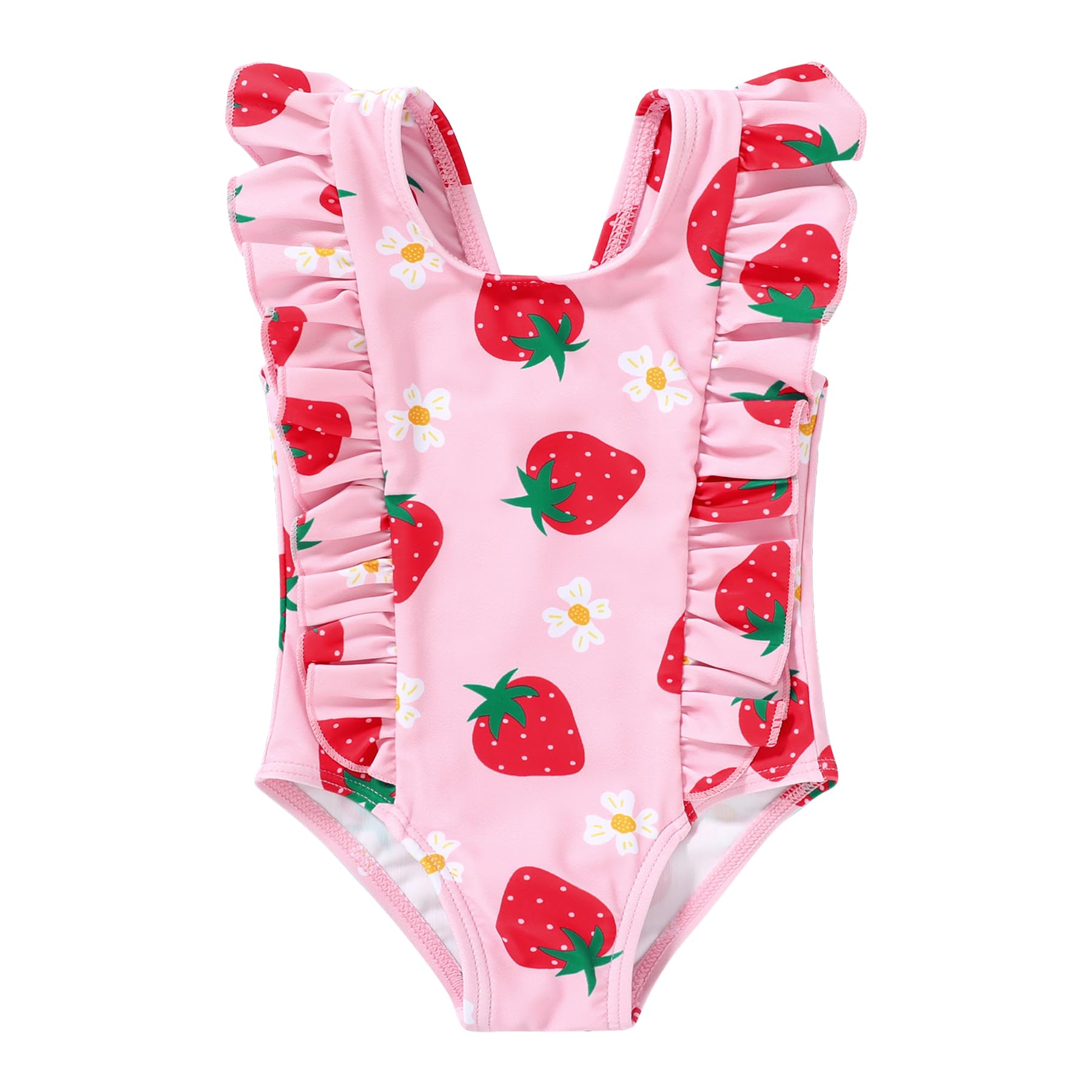 Happy Town One-Piece Infant Toddler Baby Girl Summer Swimsuit Watermelon Leopard Ruffle Swimwear Bikini Bathing Suit (Strawberry, 2-3 Years)