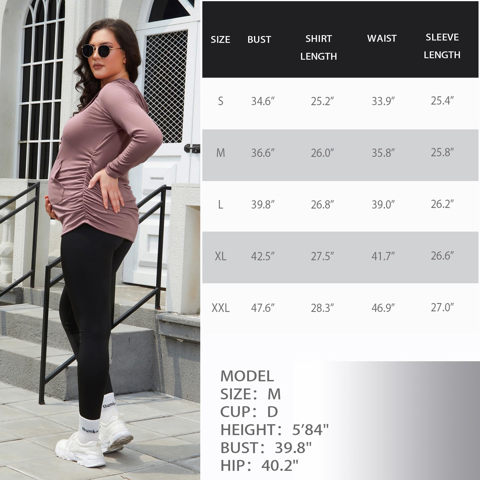 GINKANA Maternity Casual Hoodie Long Sleeve Tops with Pocket Drawstring Maternity Lighthweight Sweatshirt,Mauve,M