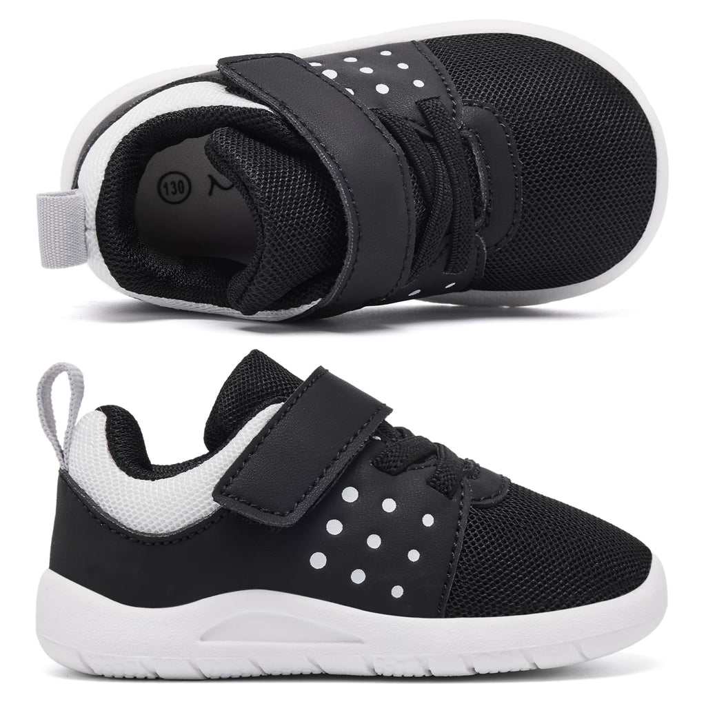 MORENDL Toddler Baby Shoes 0-4 Years Boy Girl Lightweight Breathable Non-Slip Sports Sneakers Running Walking Tennis Barefoot Shoes Black White Size 9