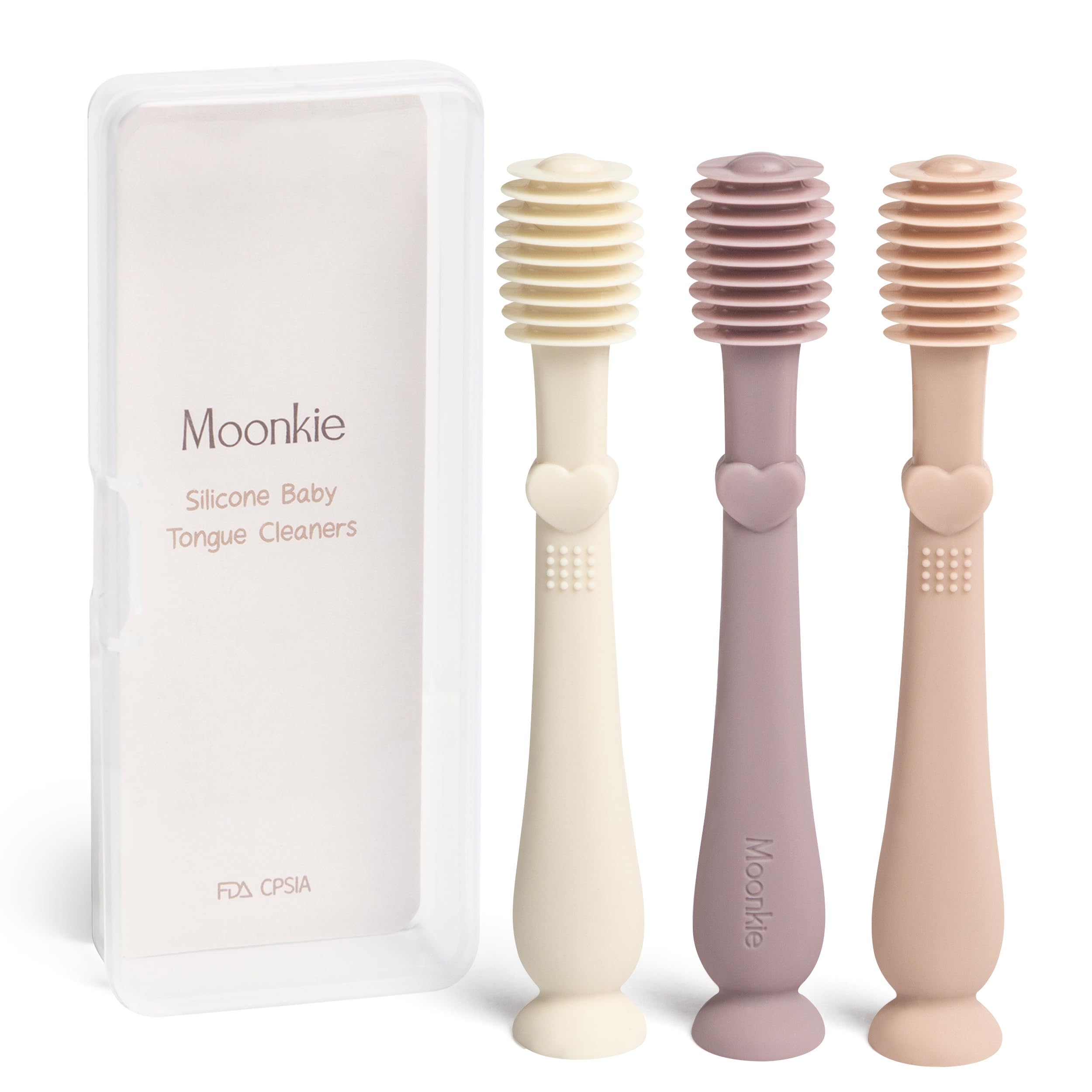 Moonkie Baby Tongue Cleaner, Toddler Toothbrush, Baby Oral Cleaner Newborn Kit for 3 Months+, 3 Pcs (Blush/Pale Mauve/Ivory)