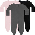 GUISBY Long Sleeve Baby Footed Pajamas with Mittens Cotton Sleepers with Zipper 3-Pack