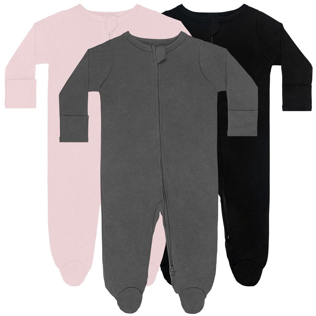 GUISBY Long Sleeve Baby Footed Pajamas with Mittens Cotton Sleepers with Zipper 3-Pack Black+Dark Grey+Light Pink Newborn