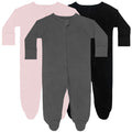 GUISBY Long Sleeve Baby Footed Pajamas with Mittens Cotton Sleepers with Zipper 3-Pack Black+Dark Grey+Light Pink Newborn
