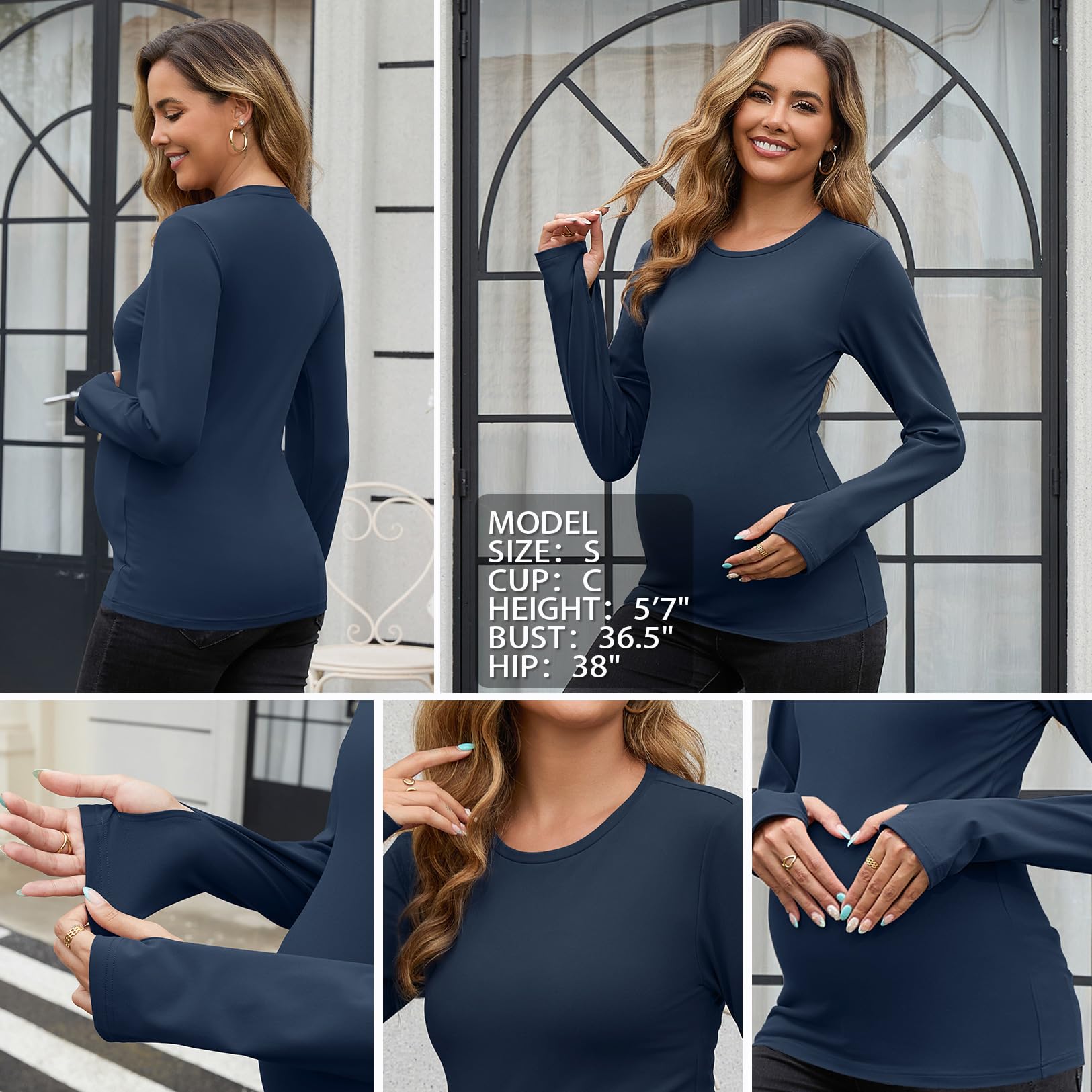 GINKANA Maternity Workout Tops Long Sleeve Scoop Neck Pregnancy Yoga Shirts Thumb Holes Mama Clothes,Dark Blue,XL