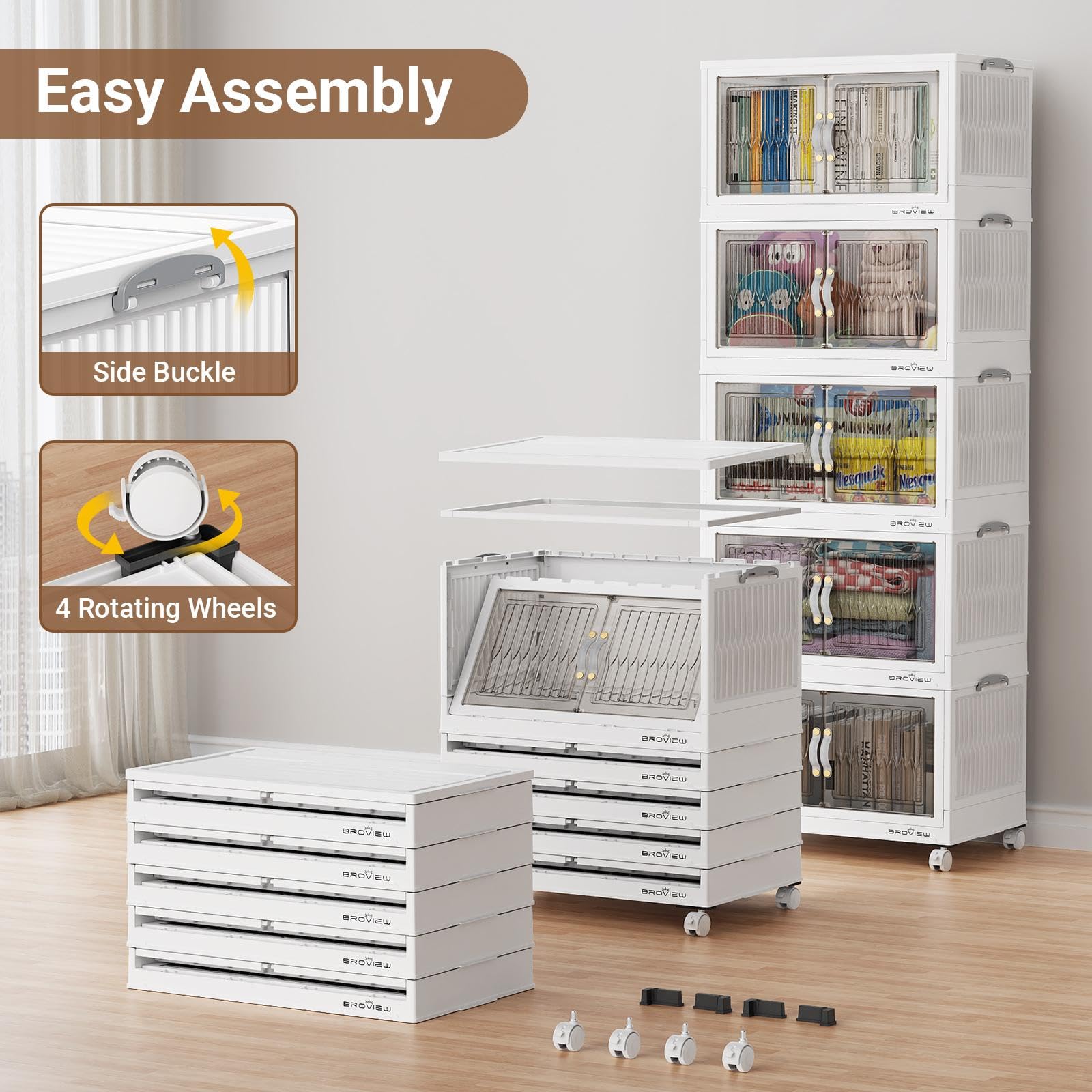 BROVIEW 320Qt Stackable Storage Bins with Lid, Extra Large Closet Organizer Collapsible Drawer Boxes with Wheels, Folding Plastic Cabinet Containers for Home Kitchen Room Organization, 4Pack White