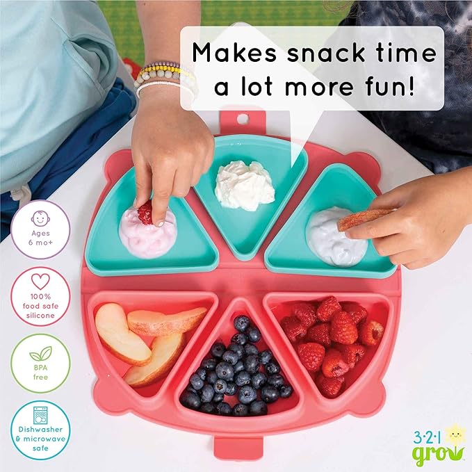 Silicone On-The-Go Snack Mat – Foldable Reusable Placemat with 3 Compartments and Lids – Travel-Friendly Baby and Toddler Snack Plate – Dishwasher Safe (Watermelon)