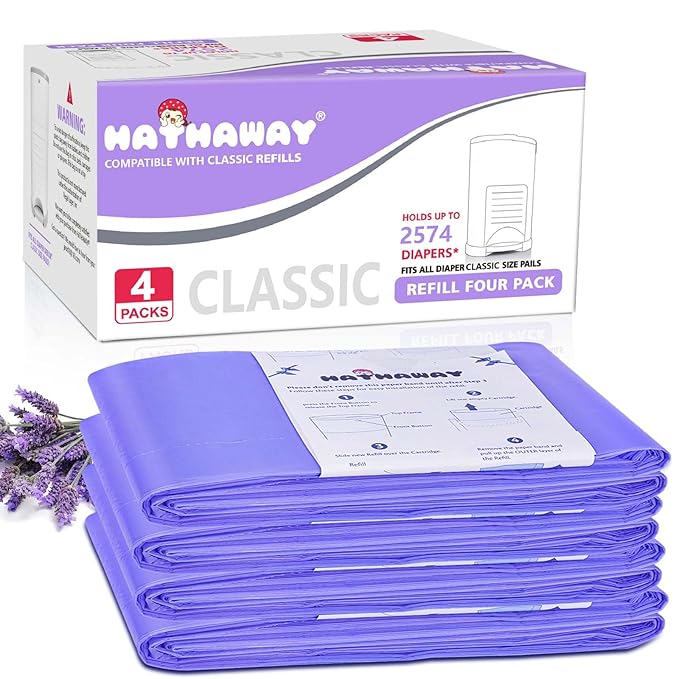 Diaper Pail Refill Bags Compatible with Dekor Classic Diaper Pail, Extra 30% Length, Hold up to 2574 Diapers, Lavender Scent, 4 Pack
